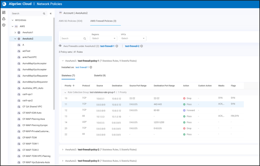 The main account page shows the firewalls, the policy sets, and the rules