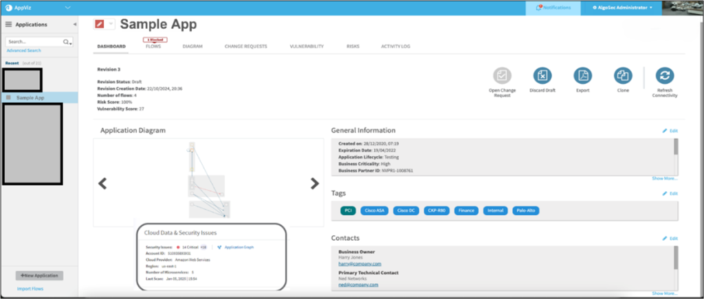 Application details include status, contact details, and diagram